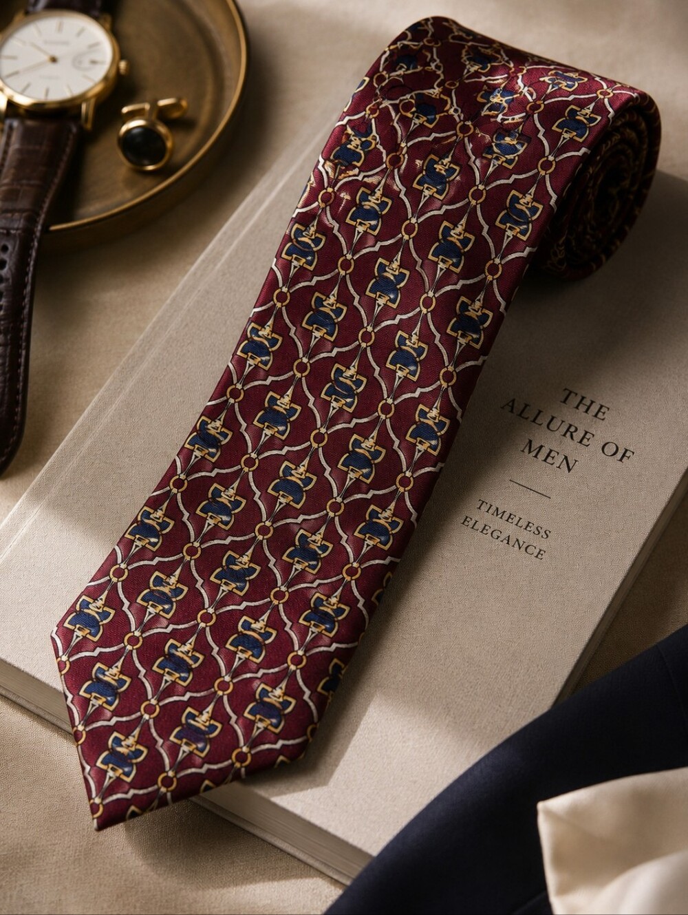 Vintage Morgano Uomo Italian Silk Tie Equestrian Bit Print Burgundy Luxury